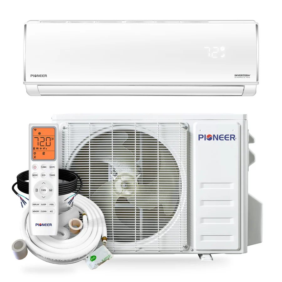 Pioneer ductless mini split air conditioner system with indoor wall unit, outdoor compressor, remote control, and installation kit
