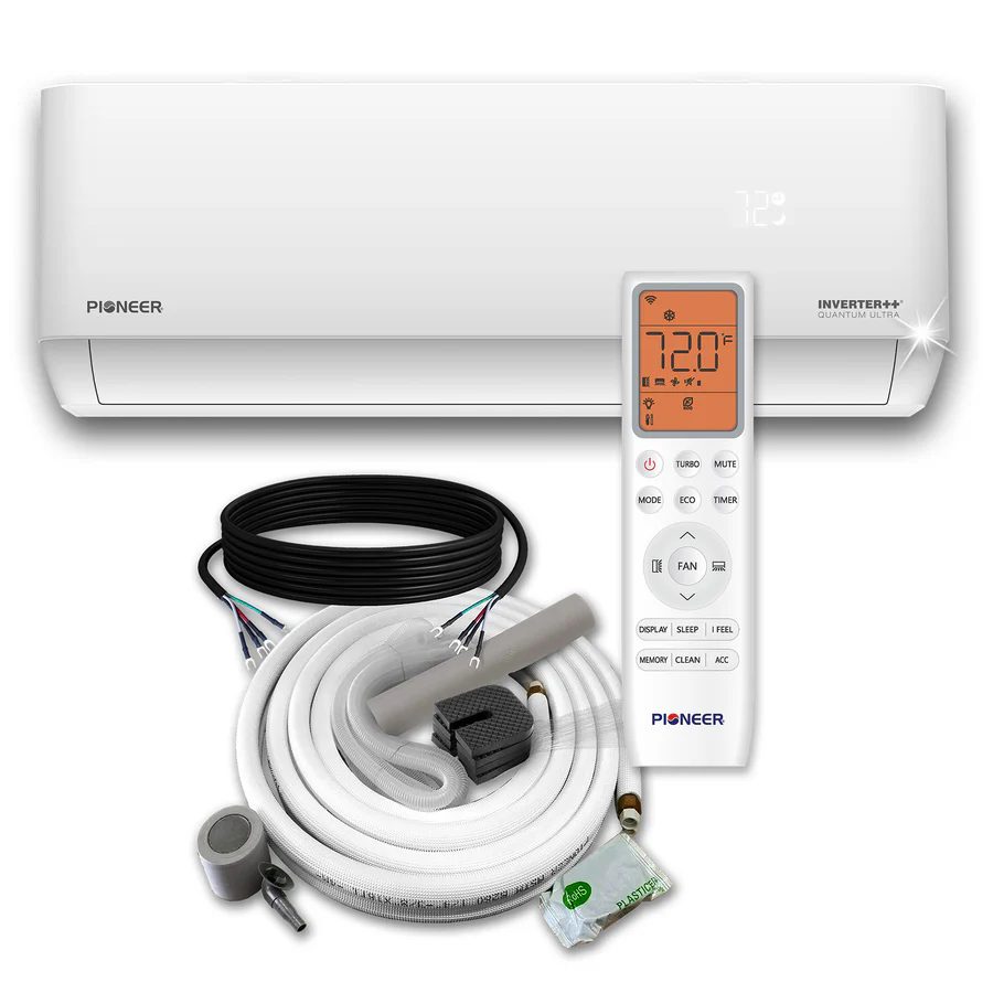 Pioneer Inverter++ Quantum Ultra ductless mini split air conditioner system with white indoor unit, remote control, and installation kit