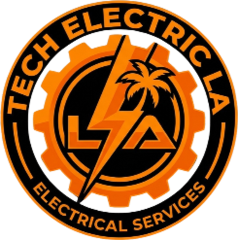 Tech Electricia Electrical Services logo with orange gear, lightning bolt and palm tree symbol