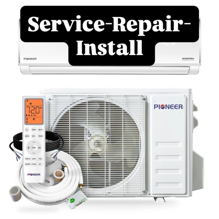 Pioneer ductless mini split air conditioner system with indoor unit, outdoor unit, remote control, and installation accessories